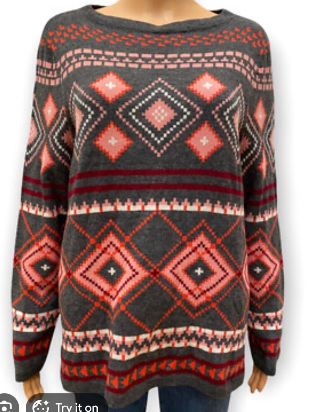 Talbots Gray Pullover Sweater with Coral and Red Aztec Pattern